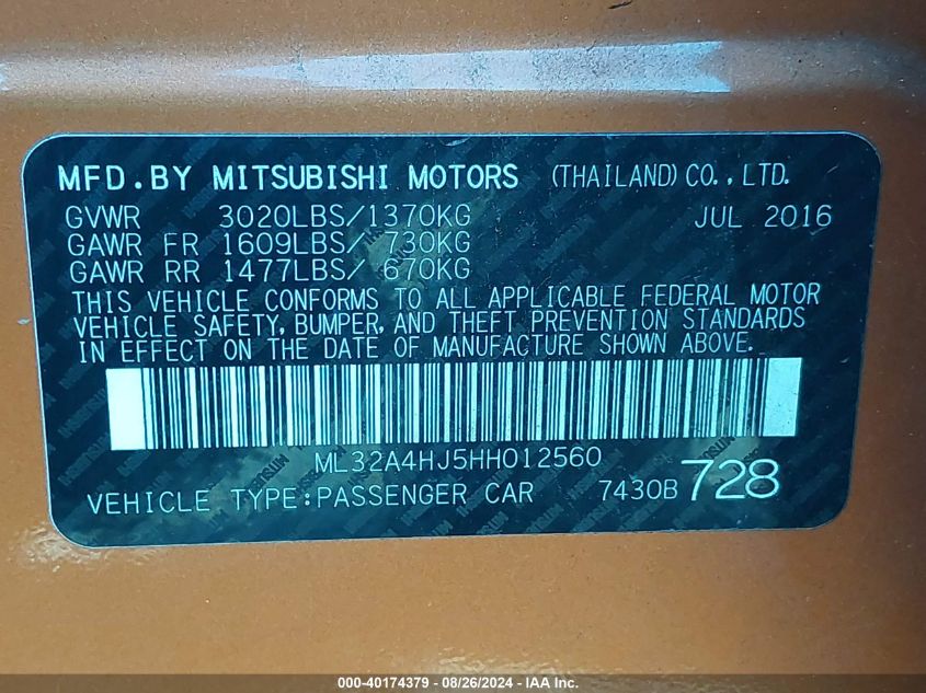 2017 Mitsubishi Mirage Se VIN: ML32A4HJ5HH012560 Lot: 40174379