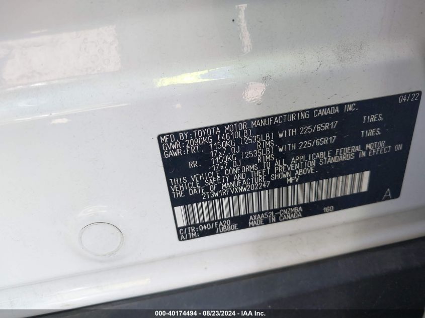2022 Toyota Rav4 Xle VIN: 2T3W1RFVXNW202247 Lot: 40174494