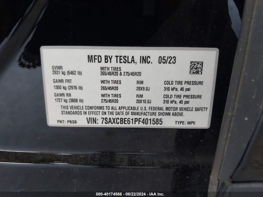 2023 Tesla Model X Plaid Tri Motor All-Wheel Drive VIN: 7SAXCBE61PF401585 Lot: 40174566