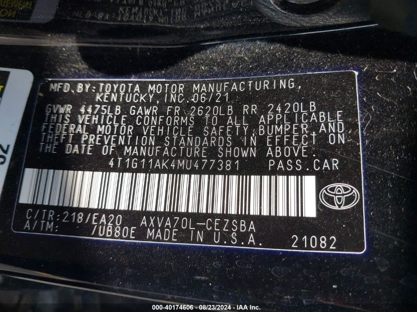 4T1G11AK4MU477381 2021 Toyota Camry Se