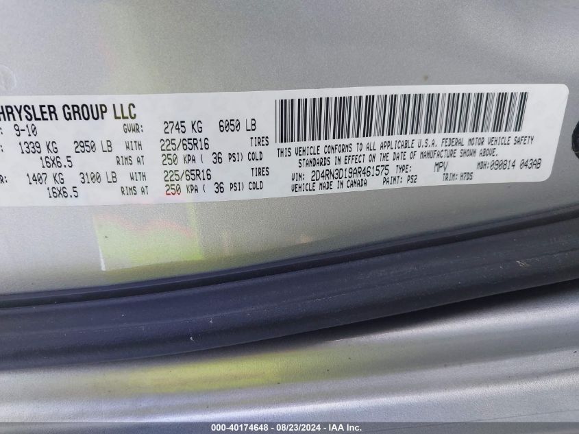 2010 Dodge Grand Caravan Hero VIN: 2D4RN3D19AR461575 Lot: 40174648