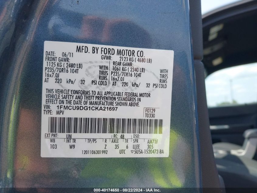 2012 Ford Escape Xlt VIN: 1FMCU9DG1CKA21697 Lot: 40174650