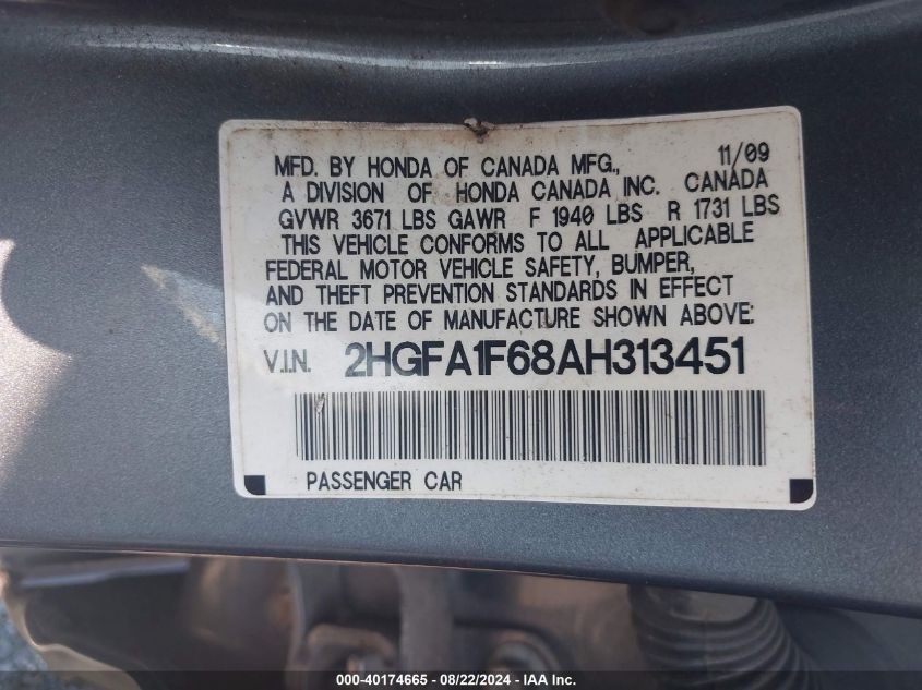 2010 Honda Civic Lx-S VIN: 2HGFA1F68AH313451 Lot: 40174665