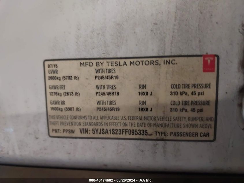 2015 Tesla Model S 70D/85D/P85D VIN: 5YJSA1S23FF095335 Lot: 40174682