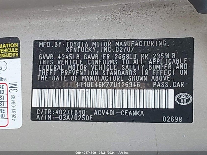 2007 Toyota Camry Le VIN: 4T1BE46K77U126946 Lot: 40174709