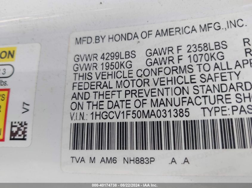 2021 Honda Accord Ex-L VIN: 1HGCV1F50MA031385 Lot: 40174738