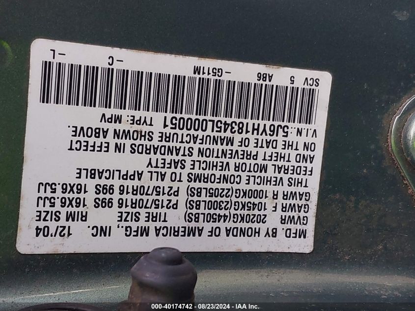 2005 Honda Element Lx VIN: 5J6YH18345L000051 Lot: 40174742