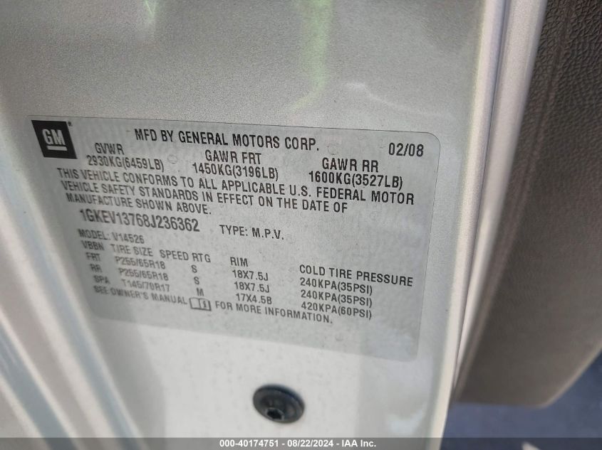 2008 GMC Acadia Sle-1 VIN: 1GKEV13768J236362 Lot: 40174751