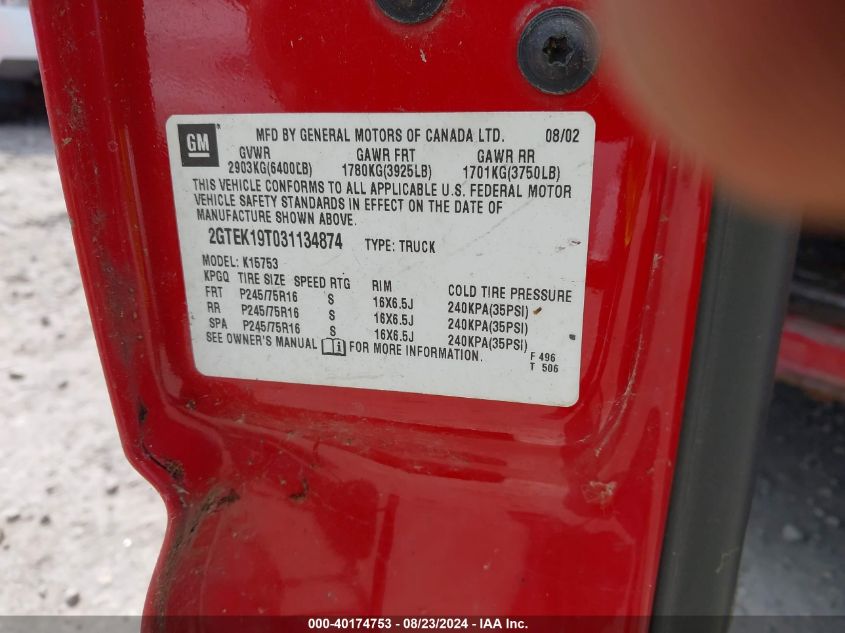 2003 GMC Sierra 1500 Sle VIN: 2GTEK19T031134874 Lot: 40174753