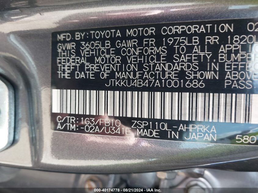 2010 Scion Xd VIN: JTKKU4B47A1001686 Lot: 40174778