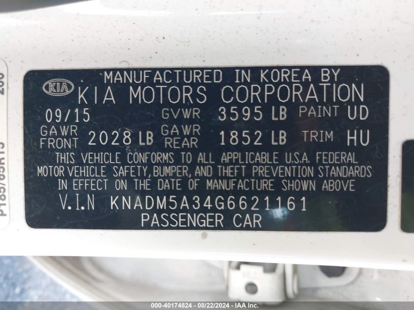 2016 Kia Rio Lx VIN: KNADM5A34G6621161 Lot: 40174824