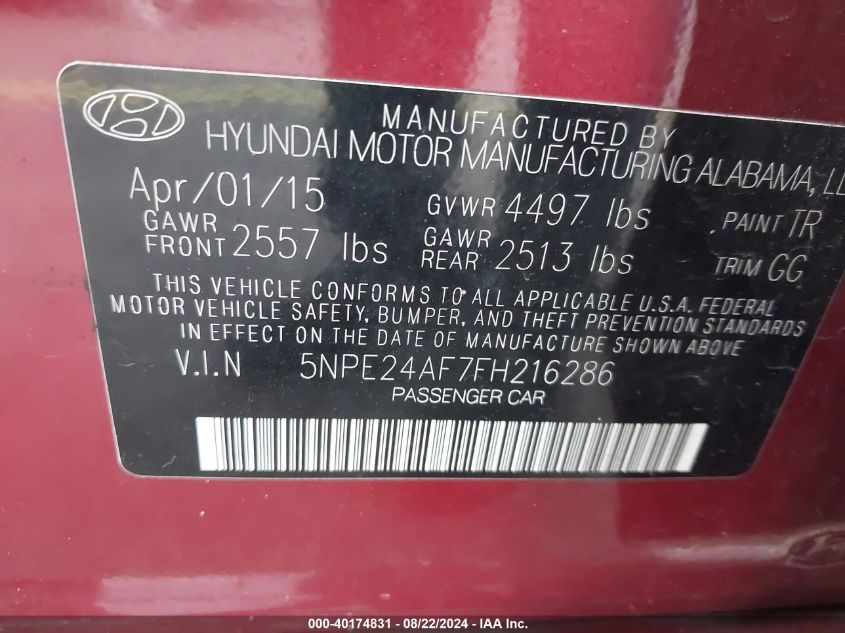 2015 Hyundai Sonata Se VIN: 5NPE24AF7FH216286 Lot: 40174831