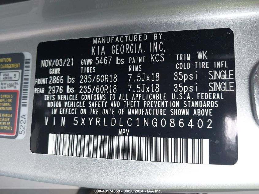 2022 KIA SORENTO X-LINE S - 5XYRLDLC1NG086402