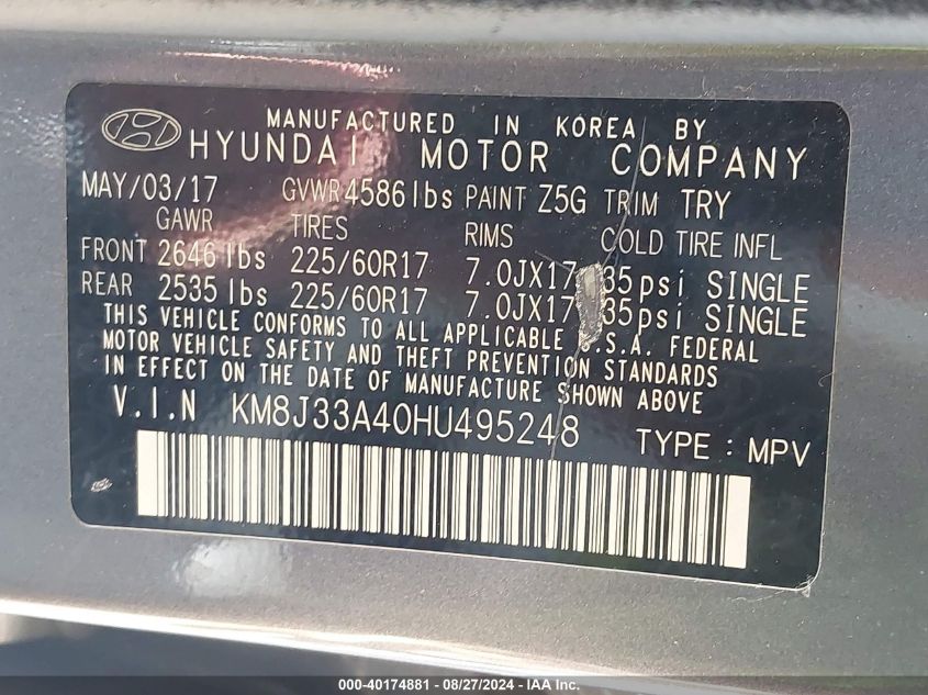 KM8J33A40HU495248 2017 Hyundai Tucson Se