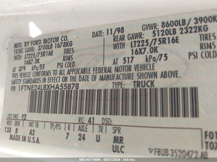 1999 Ford E-250 Commercial/Recreational VIN: 1FTNE24L8XHA55878 Lot: 40174896