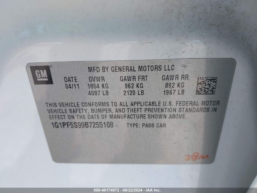 2011 Chevrolet Cruze 1Lt VIN: 1G1PF5S99B7255108 Lot: 40174972