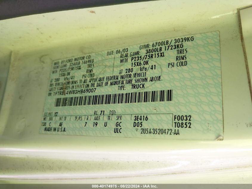 2003 Ford E-150 Commercial/Recreational VIN: 1FTRE14W83HB69007 Lot: 40174975