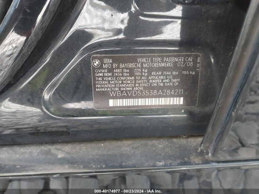 2008 BMW 335Xi VIN: WBAVD53538A284211 Lot: 40174977