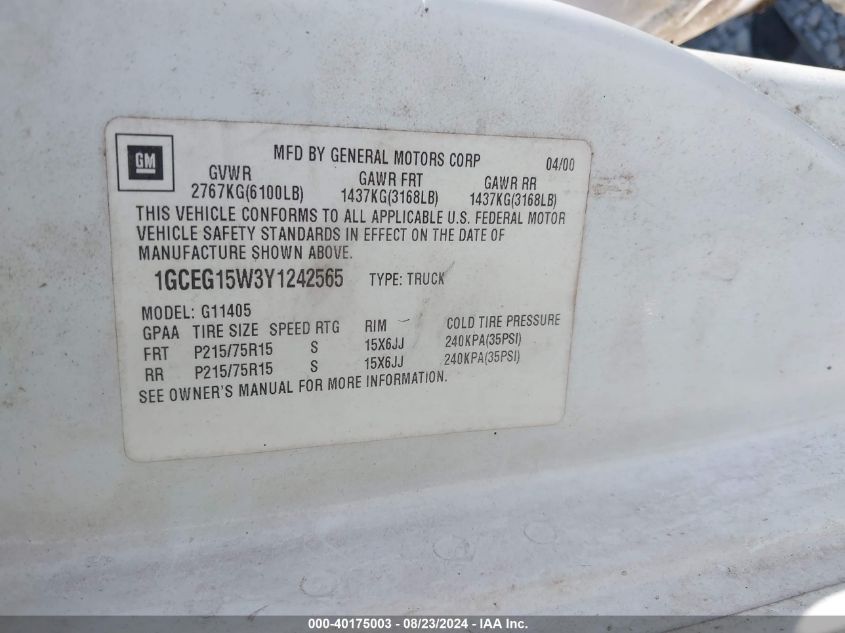 2000 Chevrolet Express VIN: 1GCEG15W3Y1242565 Lot: 40175003