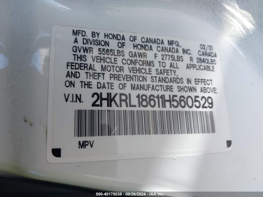 2001 Honda Odyssey Ex VIN: 2HKRL18611H560529 Lot: 40175038