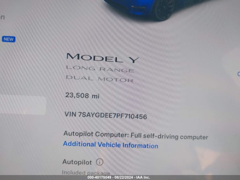 2023 Tesla Model Y Awd/Long Range Dual Motor All-Wheel Drive VIN: 7SAYGDEE7PF710456 Lot: 40175049