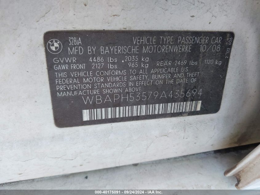 2009 BMW 328I VIN: WBAPH53579A435694 Lot: 40175091