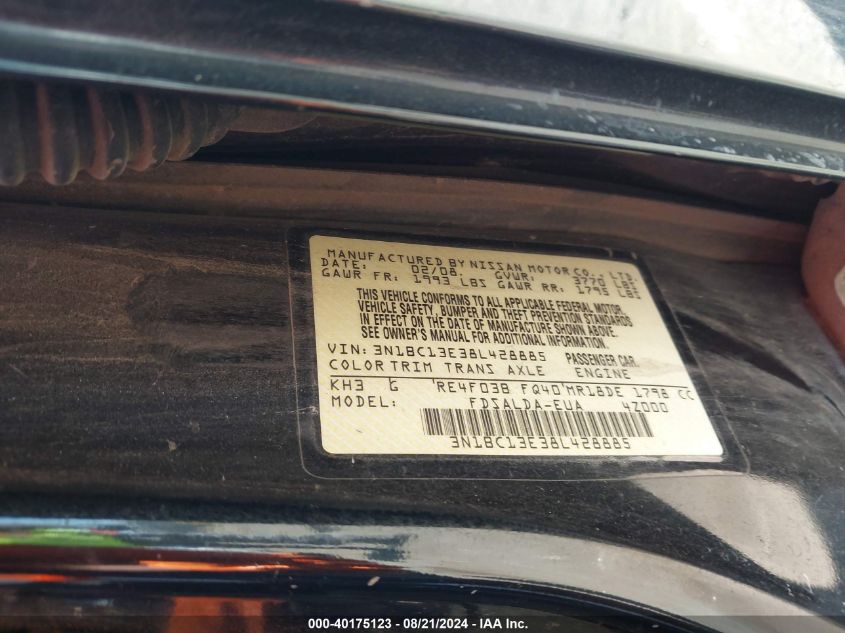 2008 Nissan Versa 1.8S VIN: 3N1BC13E38L428885 Lot: 40175123