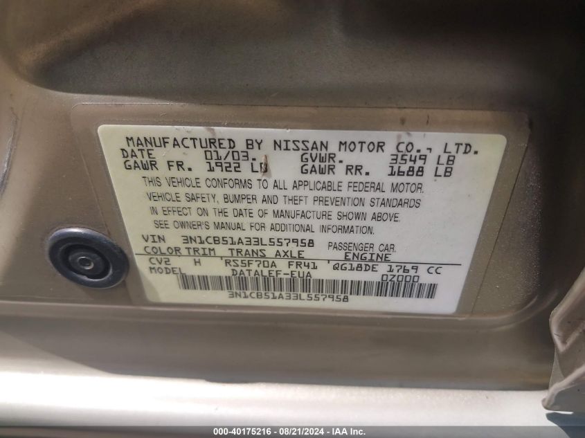 2003 Nissan Sentra Gxe VIN: 3N1CB51A33L557958 Lot: 40175216