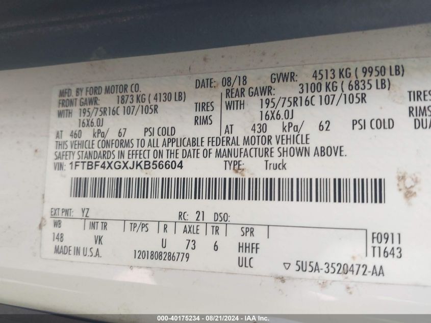 2018 Ford Transit-350 VIN: 1FTBF4XGXJKB56604 Lot: 40175234