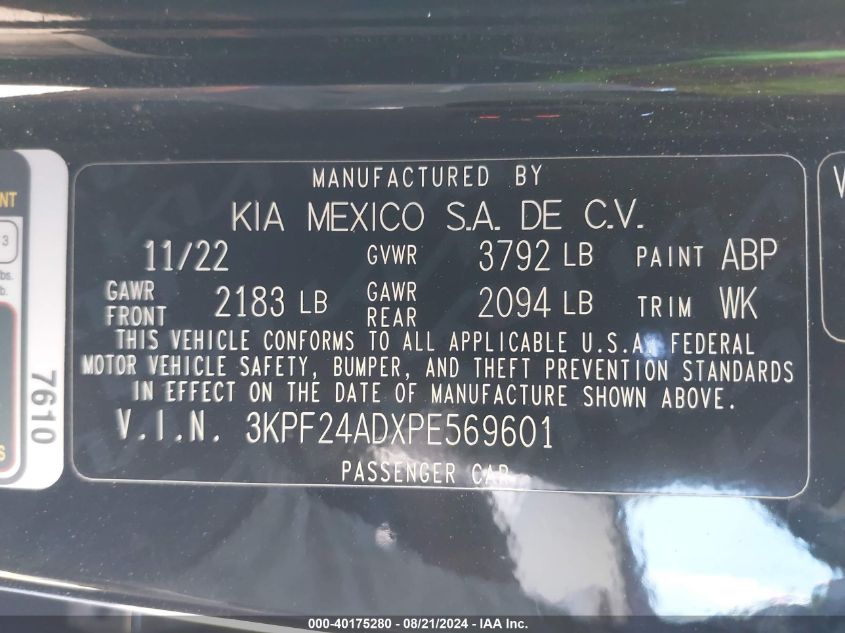 2023 Kia Forte Lxs VIN: 3KPF24ADXPE569601 Lot: 40175280