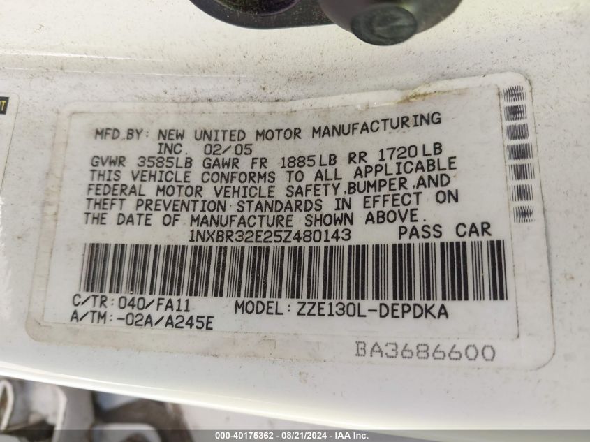 2005 Toyota Corolla Ce VIN: 1NXBR32E25Z480143 Lot: 40175362