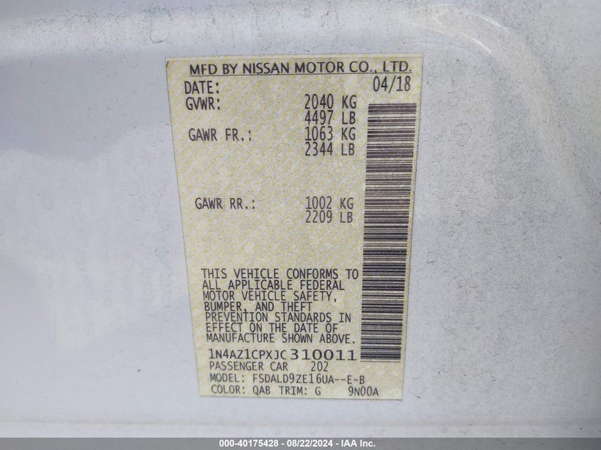 VIN 1N4AZ1CPXJC310011 2018 NISSAN LEAF SV