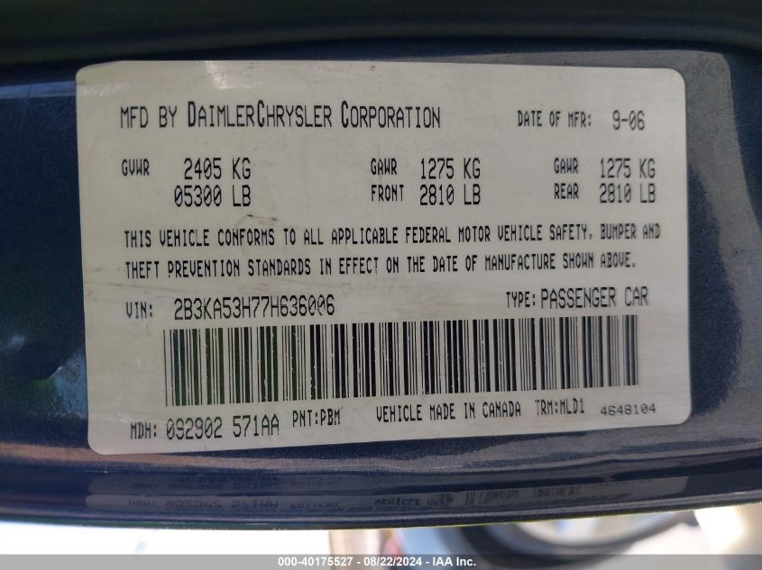 2007 Dodge Charger Rt VIN: 2B3KA53H77H636006 Lot: 40175527