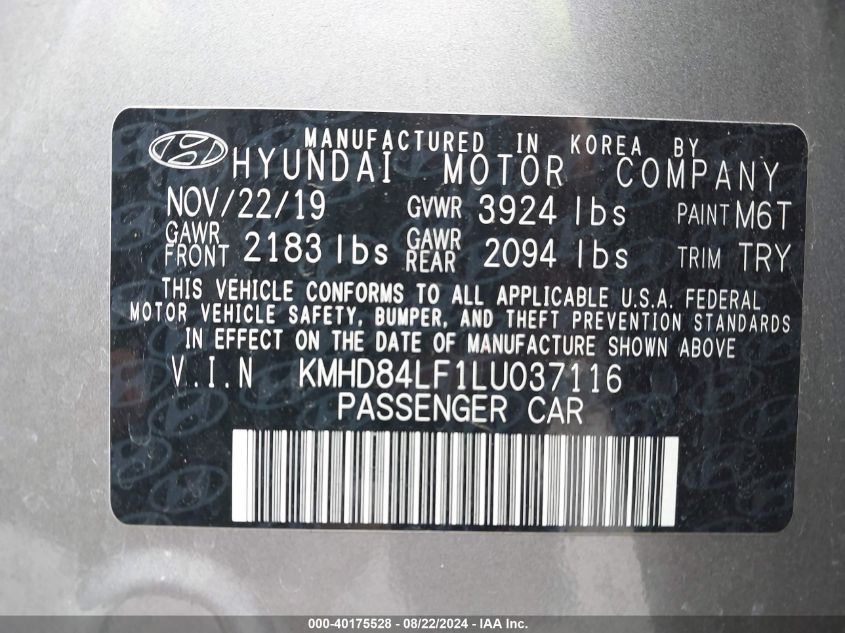 2020 Hyundai Elantra Sel VIN: KMHD84LF1LU037116 Lot: 40175528