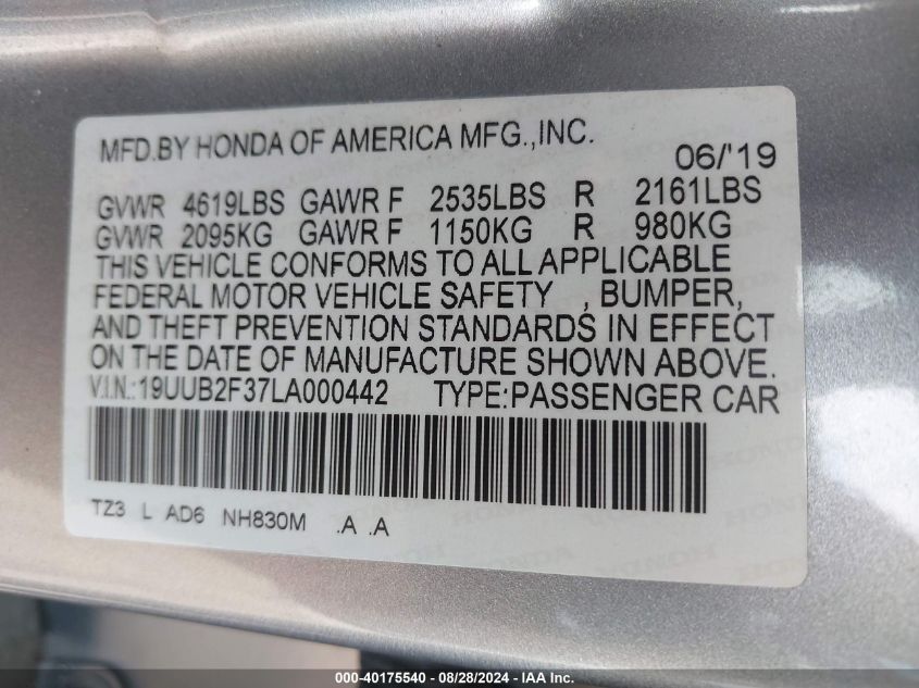 19UUB2F37LA000442 2020 Acura Tlx Standard