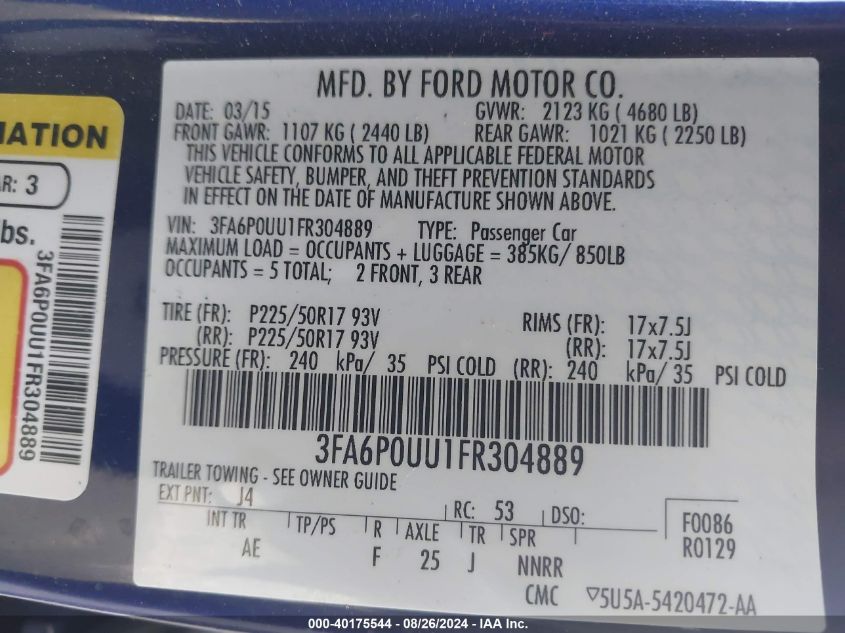 2015 Ford Fusion Hybrid S VIN: 3FA6P0UU1FR304889 Lot: 40175544