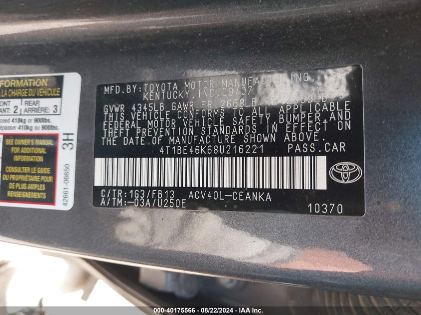 4T1BE46K68U216221 2008 Toyota Camry Le