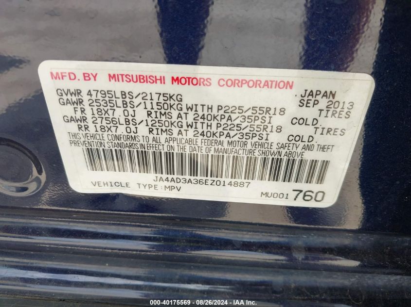 JA4AD3A36EZ014887 2014 Mitsubishi Outlander Se