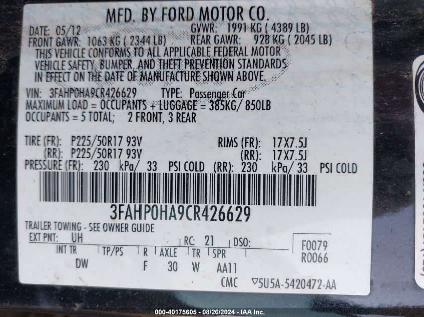 2012 Ford Fusion Se VIN: 3FAHP0HA9CR426629 Lot: 40175605