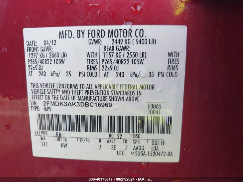 2013 Ford Edge Sport VIN: 2FMDK3AK3DBC16969 Lot: 40175617