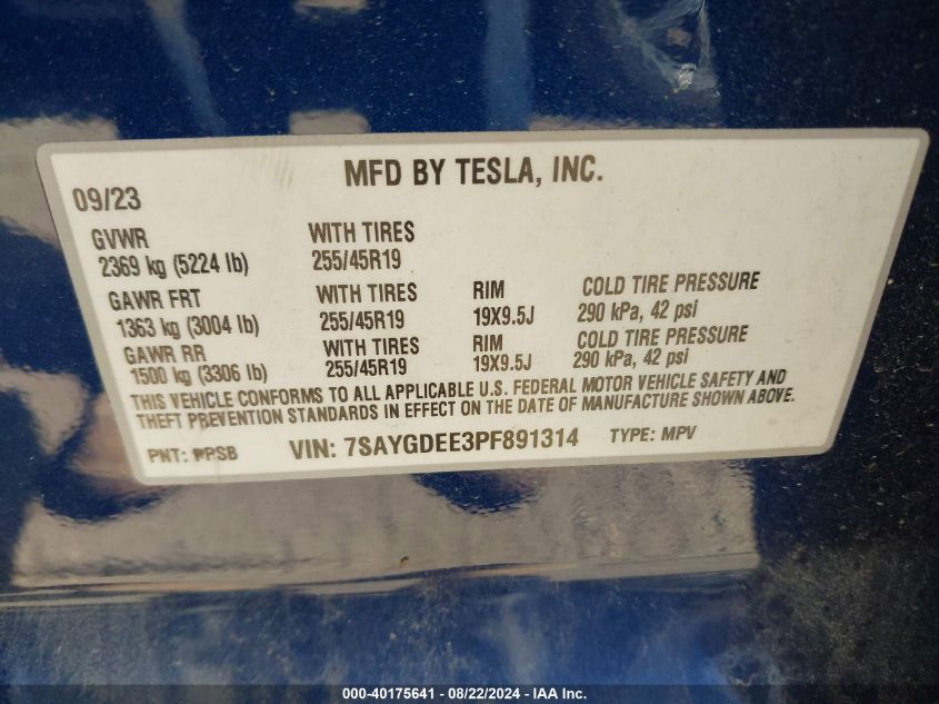 2023 Tesla Model Y Awd/Long Range Dual Motor All-Wheel Drive VIN: 7SAYGDEE3PF891314 Lot: 40175641