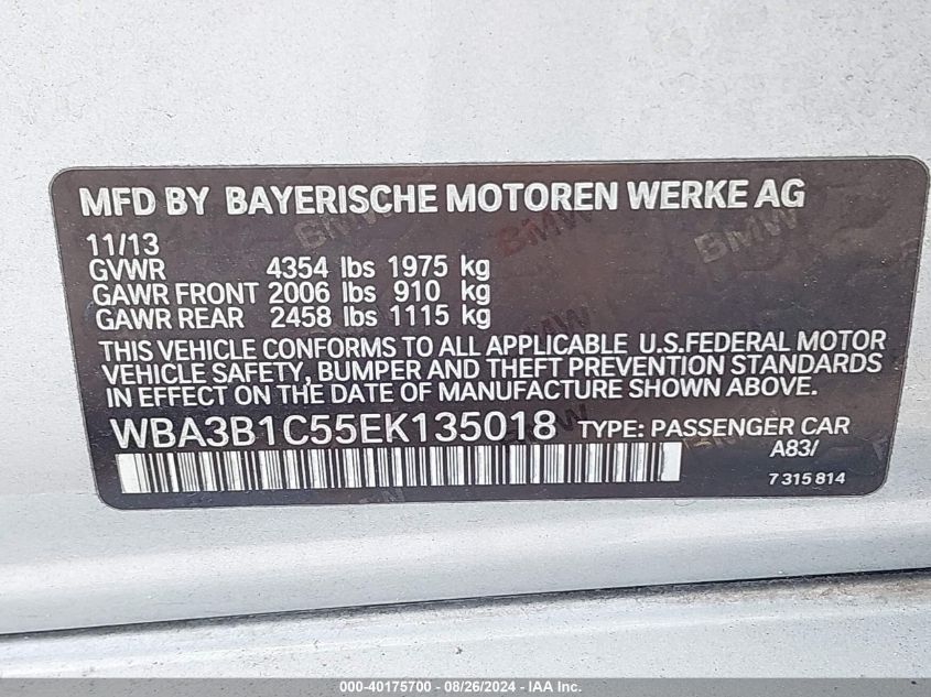 2014 BMW 320I VIN: WBA3B1C55EK135018 Lot: 40175700