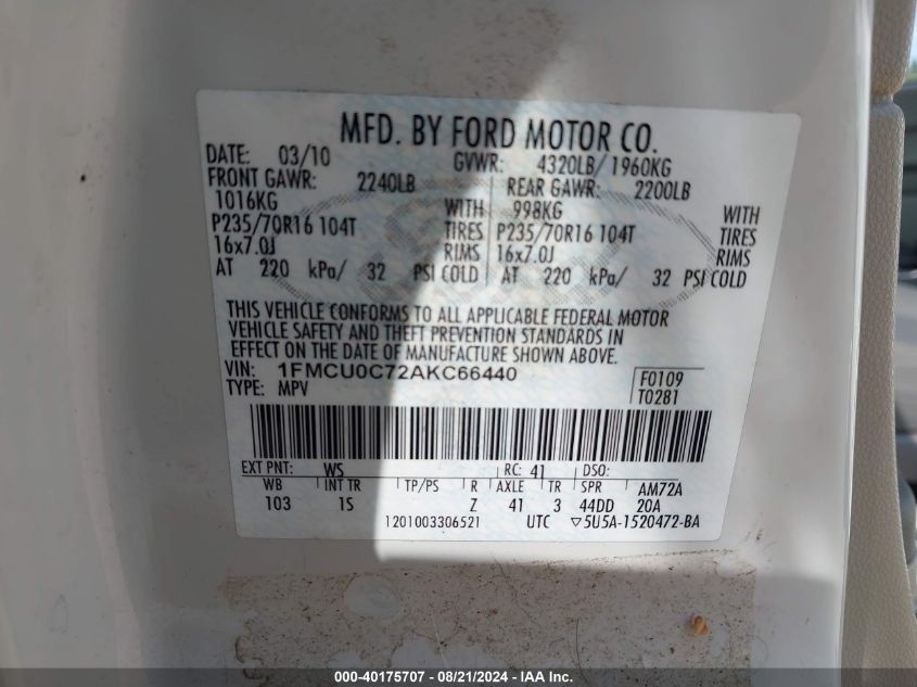 2010 Ford Escape Xls VIN: 1FMCU0C72AKC66440 Lot: 40175707