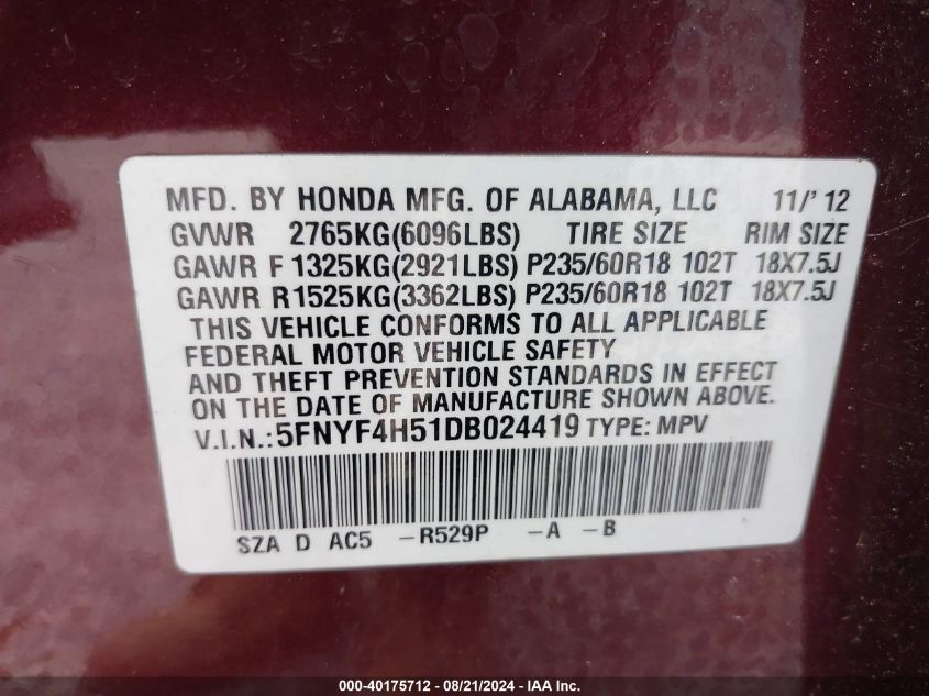 2013 Honda Pilot Ex-L VIN: 5FNYF4H51DB024419 Lot: 40175712