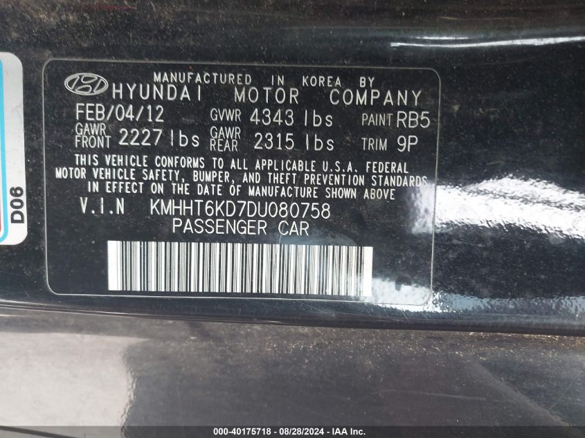 KMHHT6KD7DU080758 2013 Hyundai Genesis 2.0T