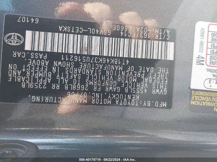 2007 Toyota Camry Se V6 VIN: 4T1BK46K37U516211 Lot: 40175719