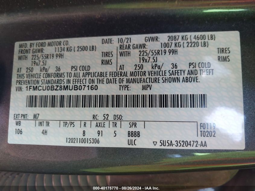 1FMCU0BZ8MUB07160 2021 Ford Escape Se Hybrid