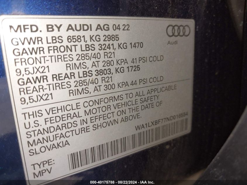 2022 Audi Q7 Premium Plus 55 Tfsi Quattro Tiptronic VIN: WA1LXBF77ND016554 Lot: 40175788