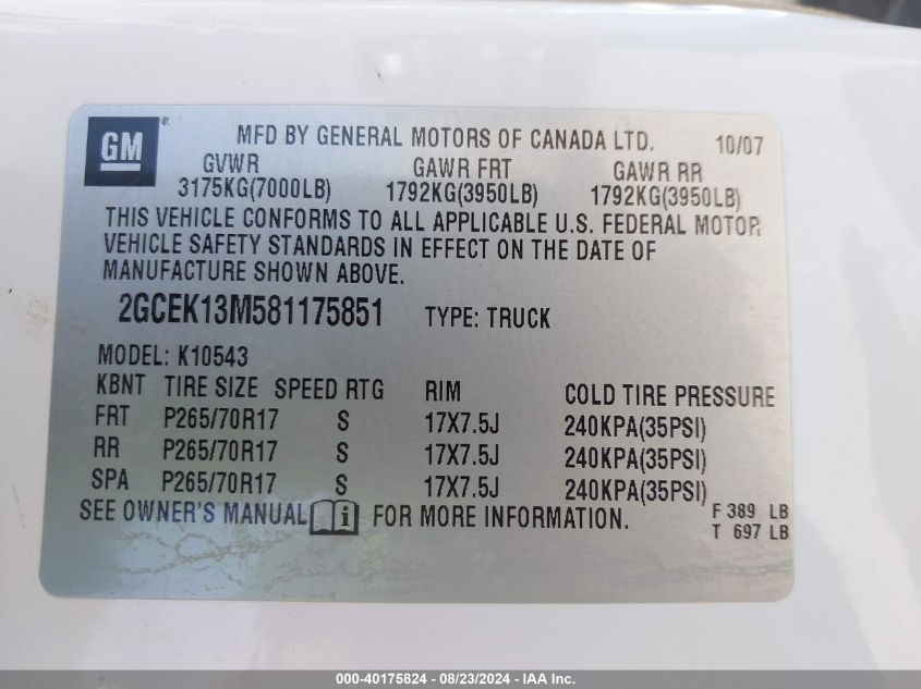 2GCEK13M581175851 2008 Chevrolet Silverado 1500 Lt1