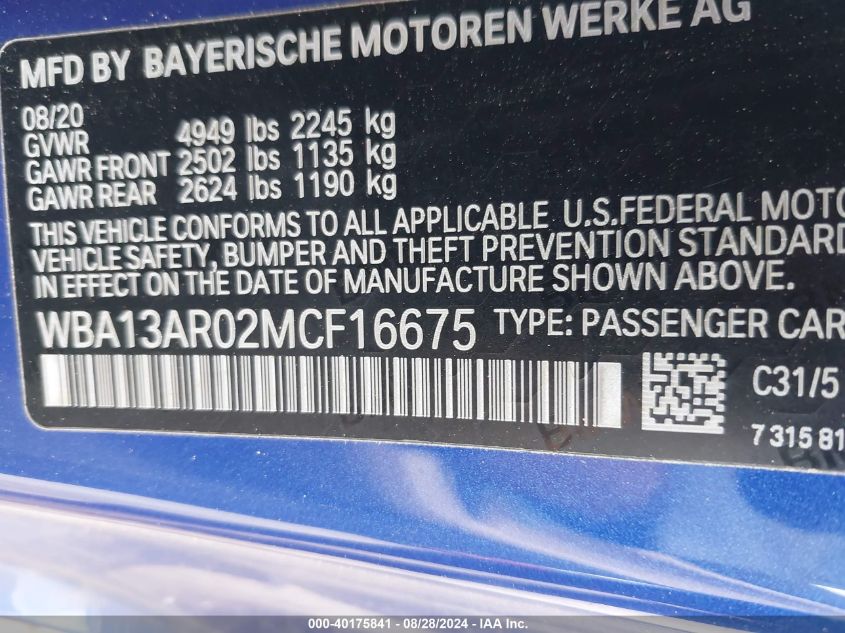 2021 BMW M440I xDrive VIN: WBA13AR02MCF16675 Lot: 40175841